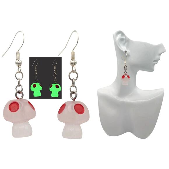Glow in the Dark Mushroom Earrings Red – Rave Festival Gamer Style - Picture 2 of 3